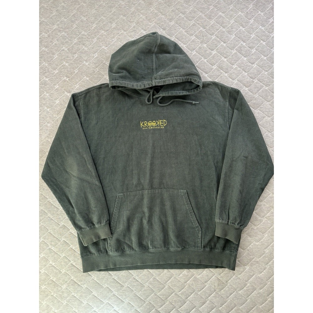 Krooked Skateboard Hoodie‎ Mens XL Green Y2K Krooked Eyes Corduroy Embroidered